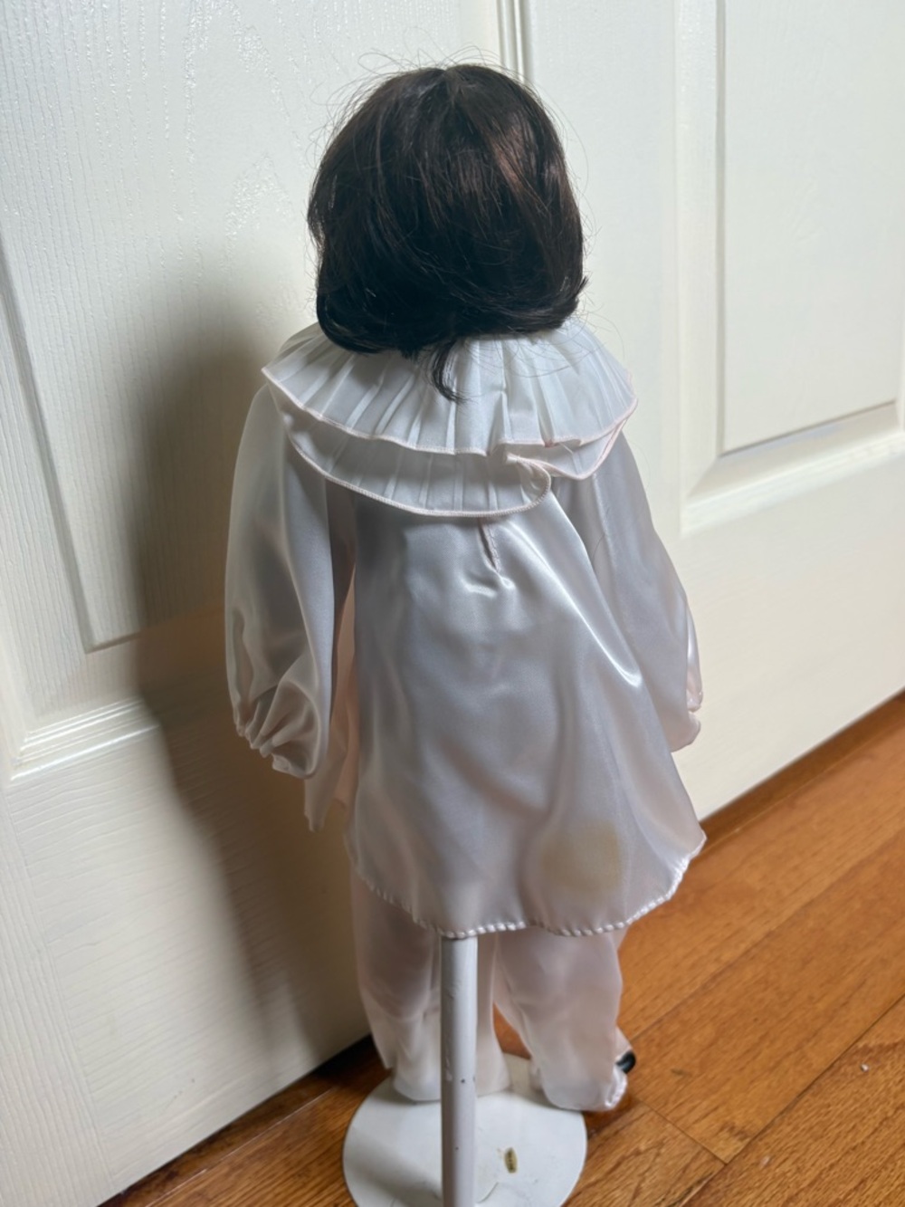 Porcelain Clown Doll in White Satin Outfit with Pink Pom-Poms - Picture 2 of 3